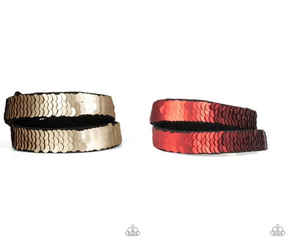 "Under The SEQUINS" Brown to Red Sequins LEATHER Snap Bracelet