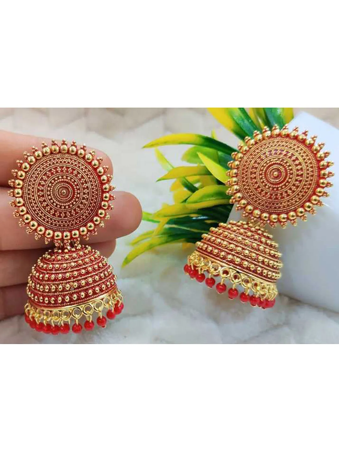 Red Pearls Dome Shape Jhumka