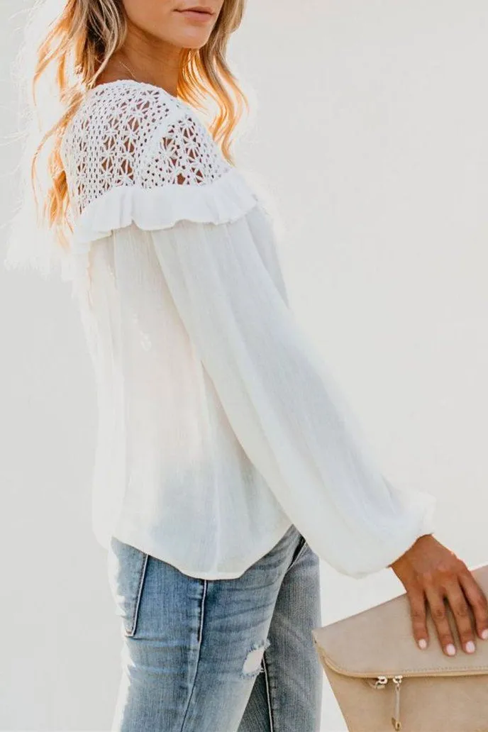 Ruffled Lace Stitching Shirt - White