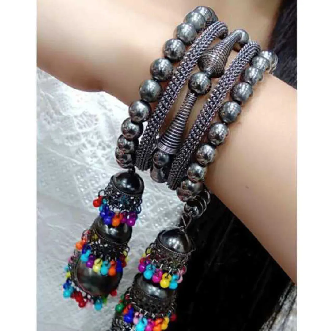 Silver Bangle Bracelet with Multicolor Beads Jhumki