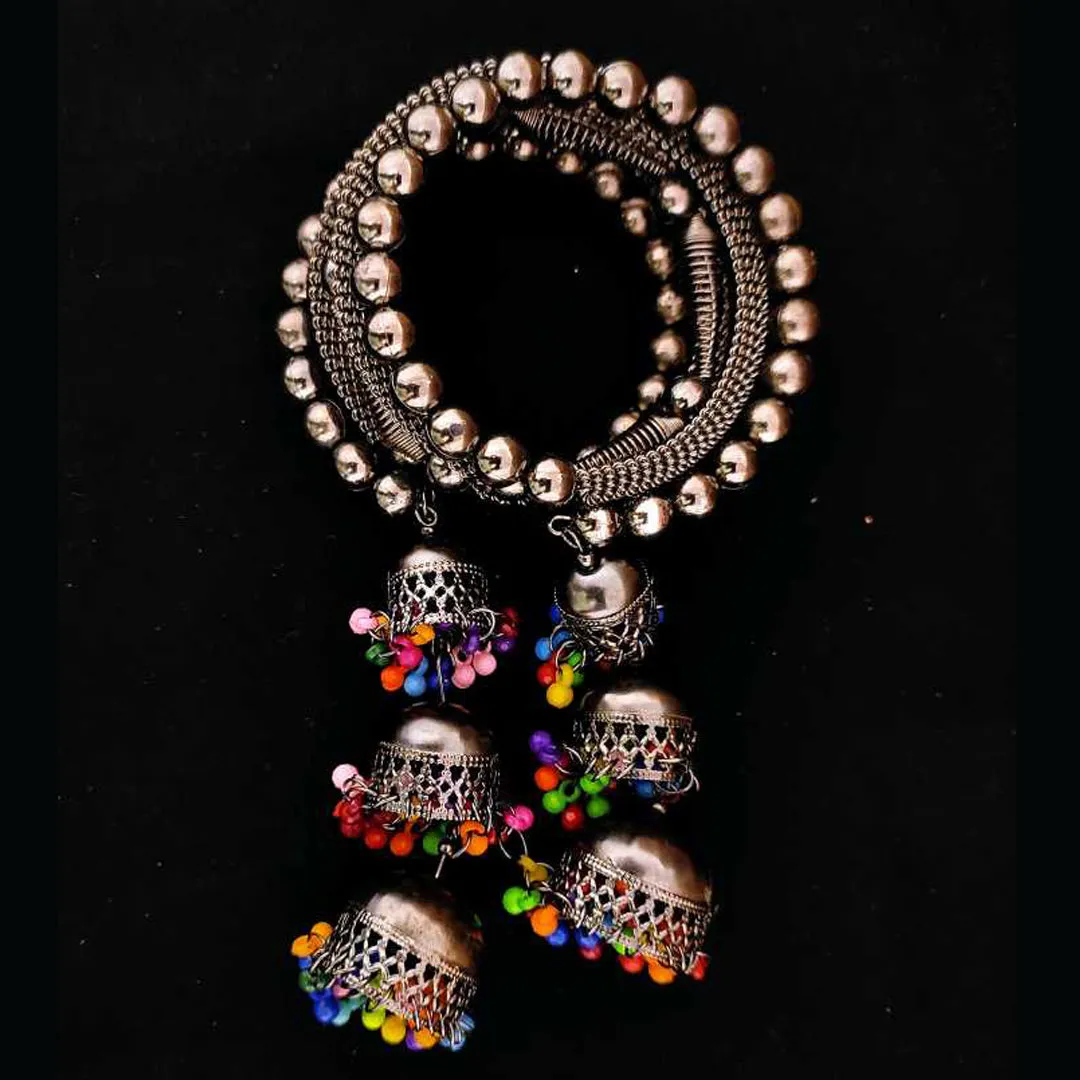 Silver Bangle Bracelet with Multicolor Beads Jhumki