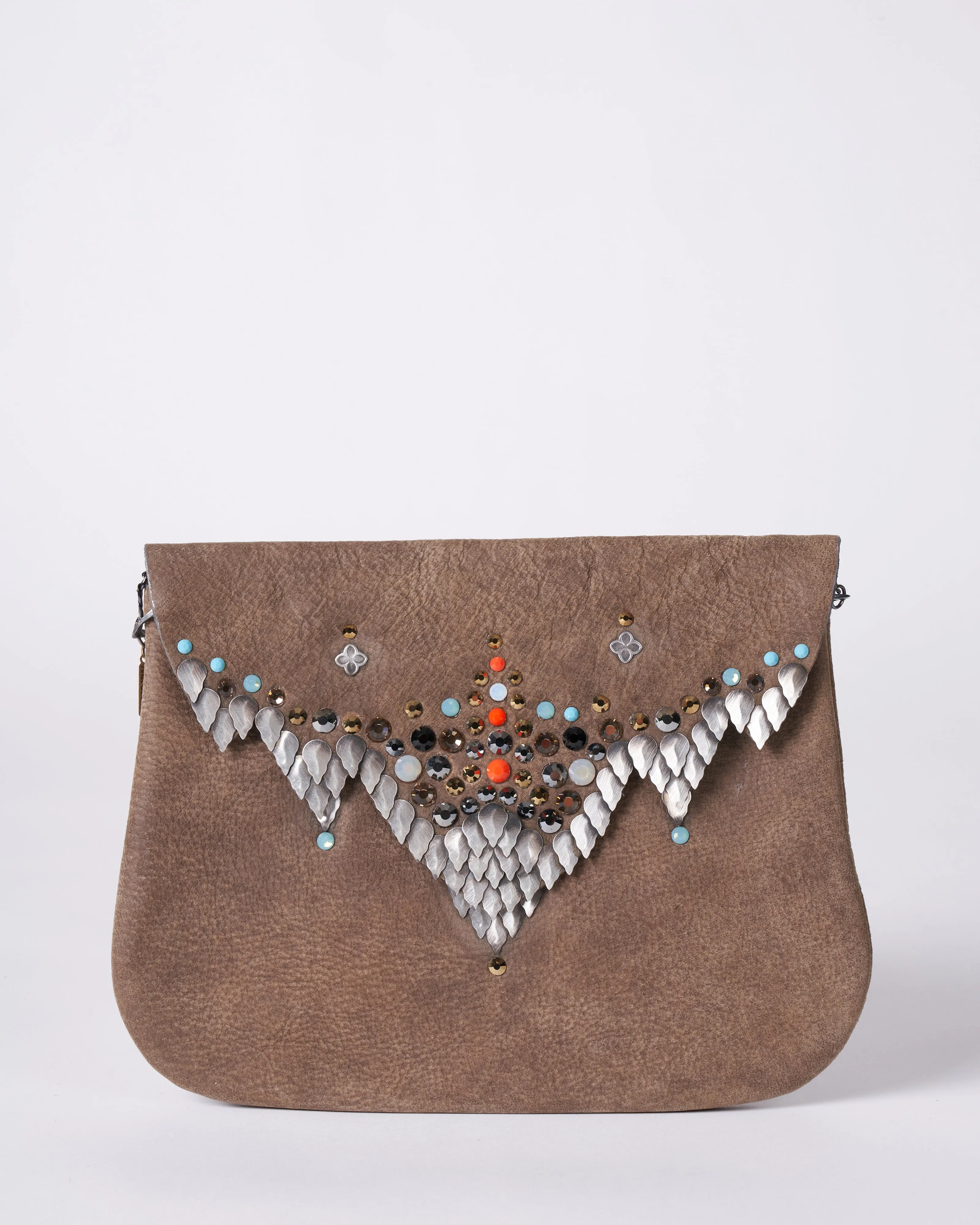 silvia bag - sterling silver leaf and grey suede