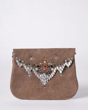 silvia bag - sterling silver leaf and grey suede