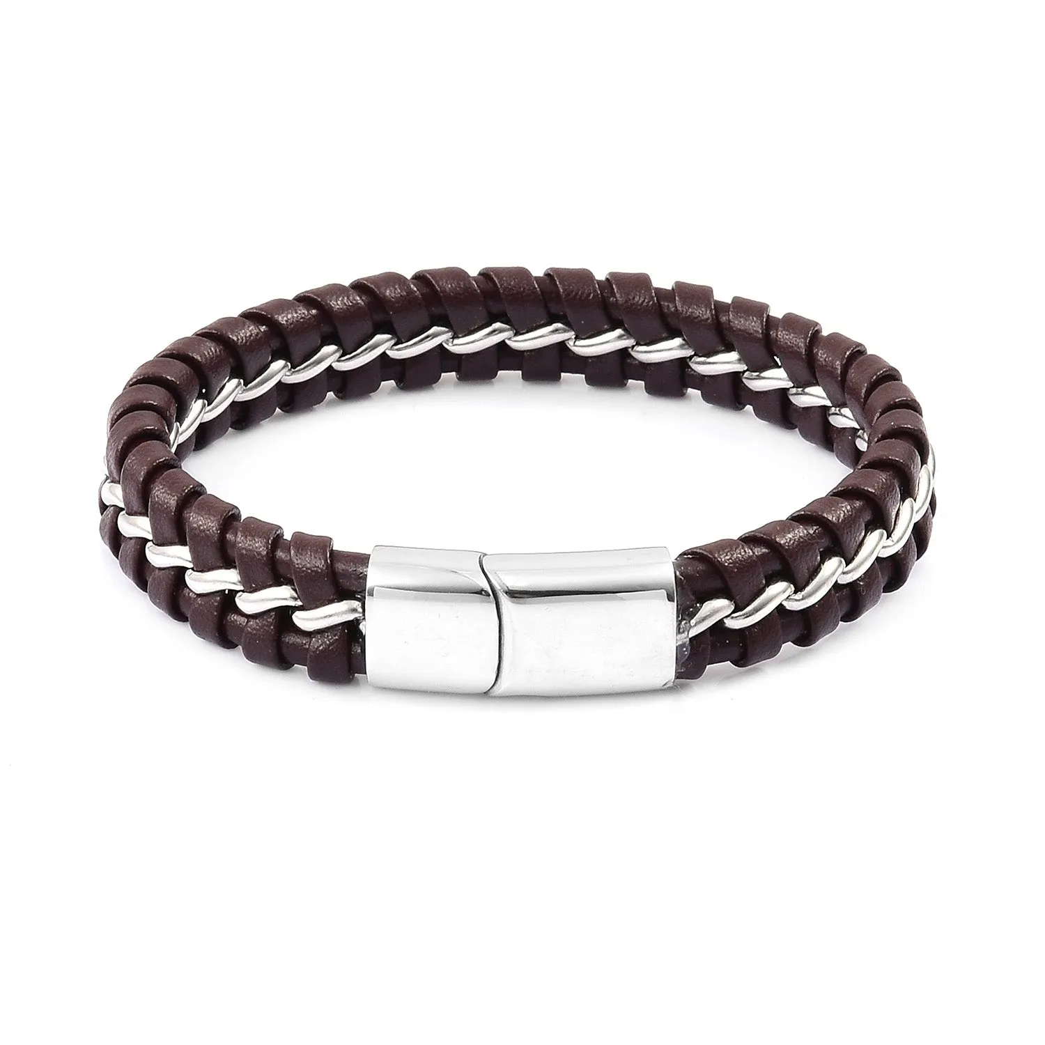 Stainless Steel Men's Braided Brown Leather Woven Bracelet (8 in)