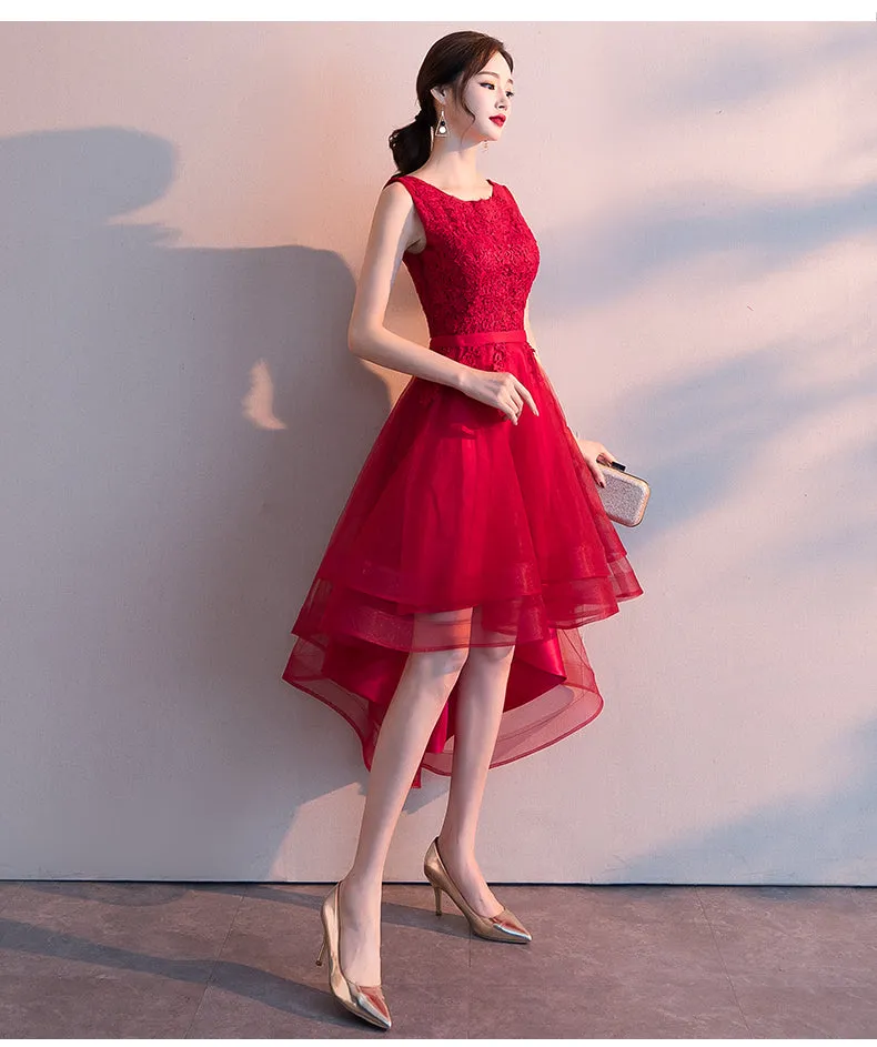 Stylish Wine Red Lace High Low Prom Dress 2020, Party Dress