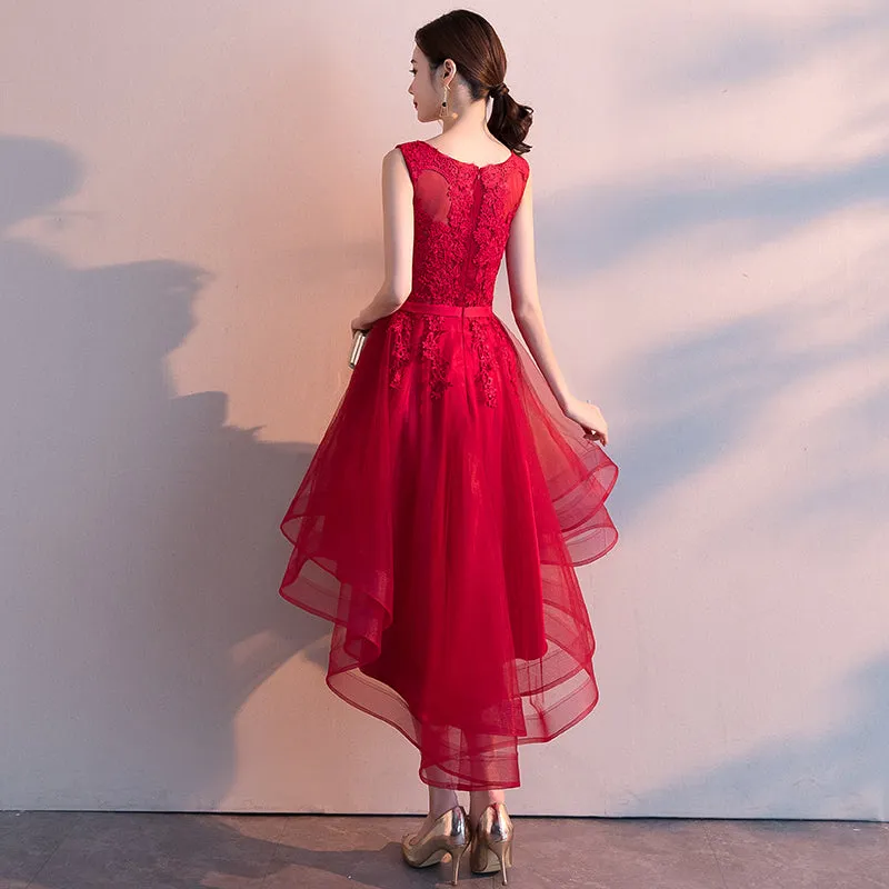 Stylish Wine Red Lace High Low Prom Dress 2020, Party Dress