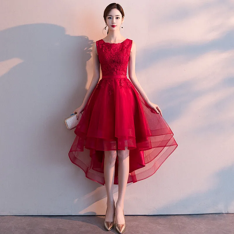 Stylish Wine Red Lace High Low Prom Dress 2020, Party Dress