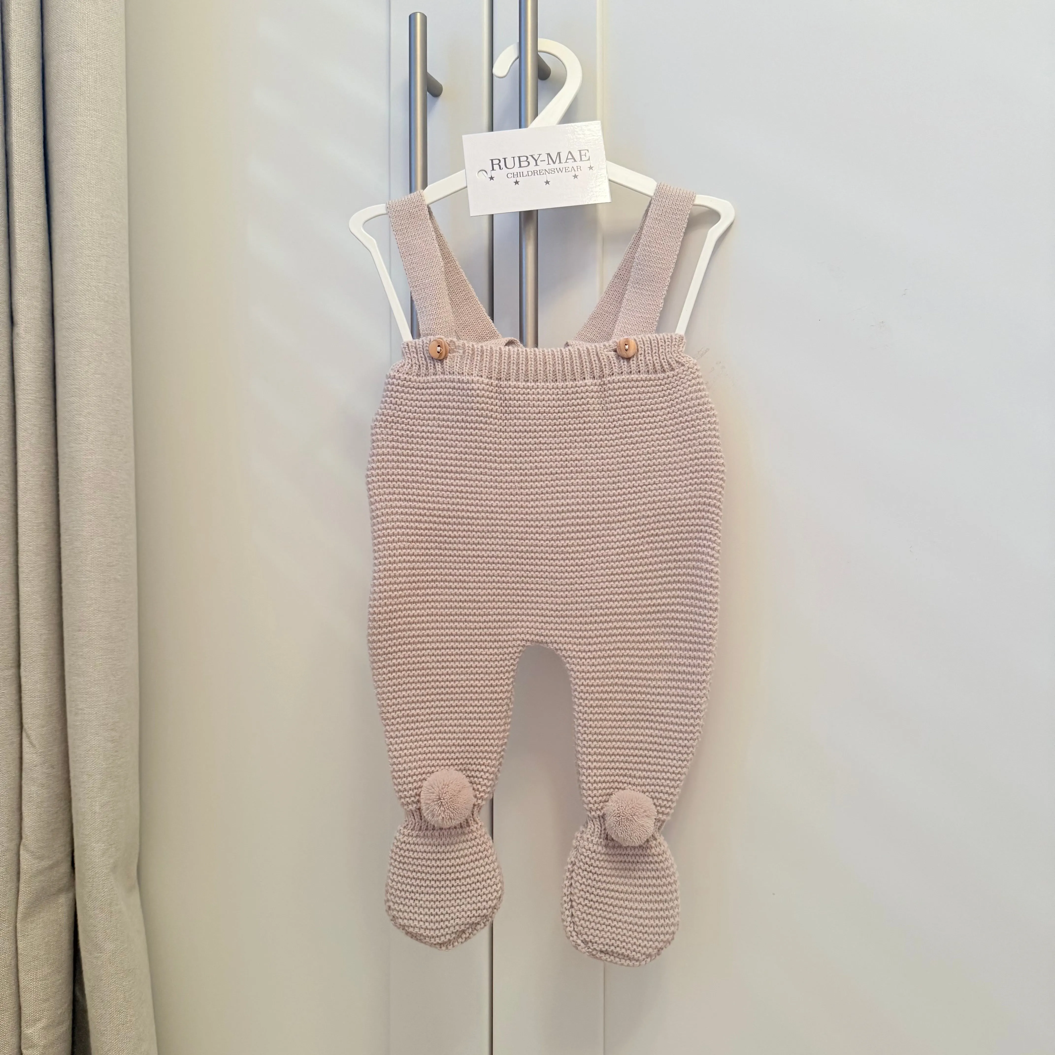 Taupe Knitted Pom Pom Dungaree Pants & Matching Jacket - Alfie