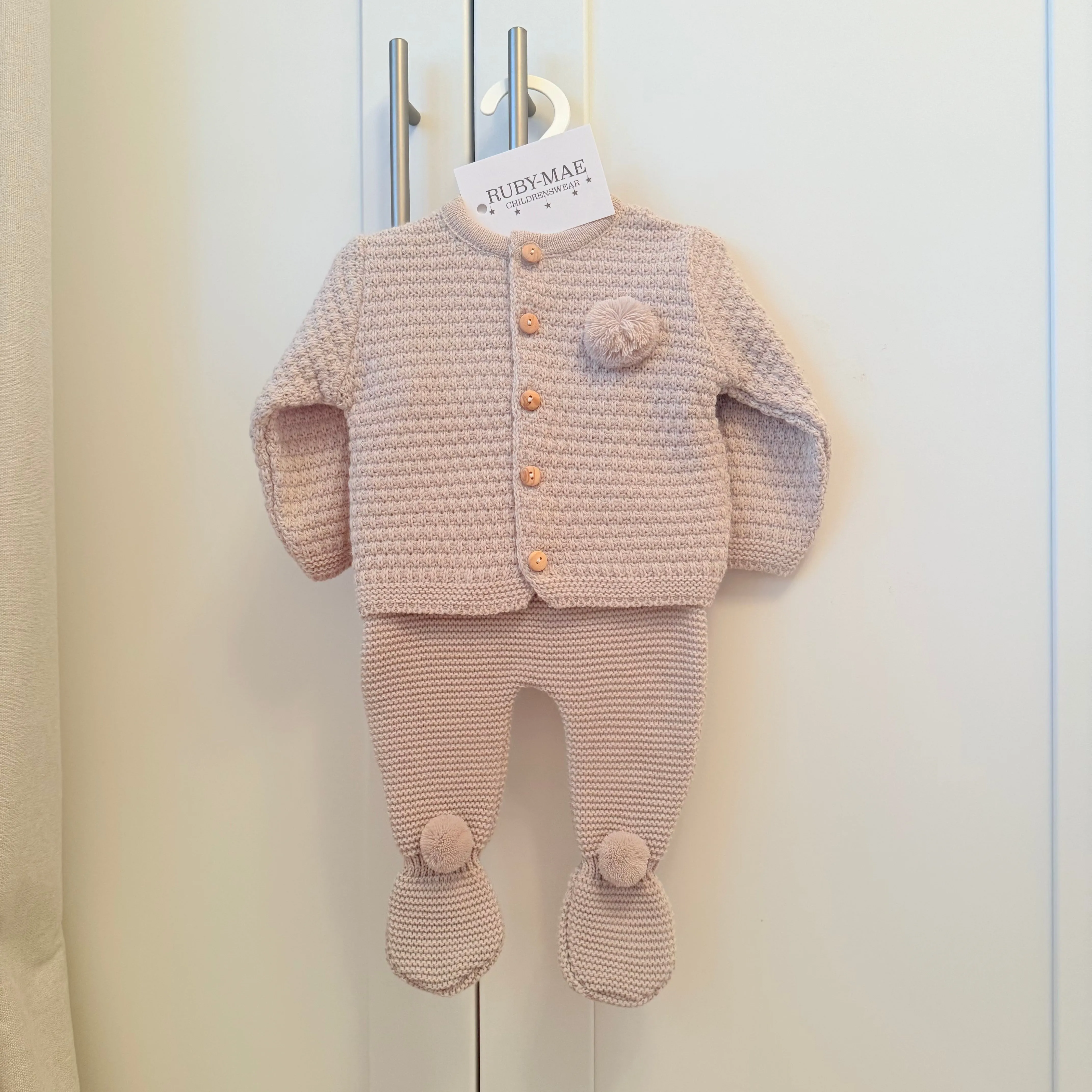 Taupe Knitted Pom Pom Dungaree Pants & Matching Jacket - Alfie