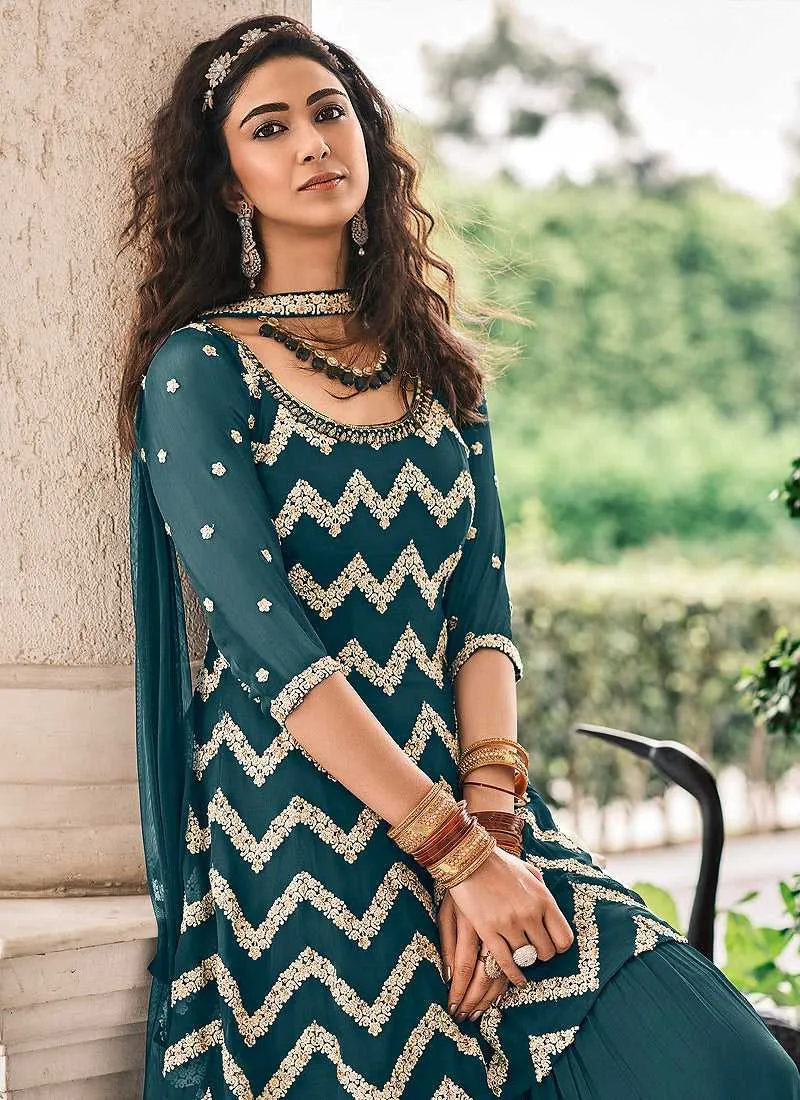 Teal Embroidered Stylish Sharara Style Suit