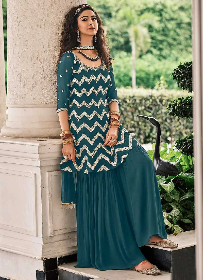 Teal Embroidered Stylish Sharara Style Suit