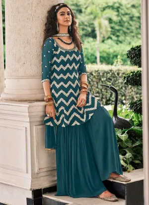 Teal Embroidered Stylish Sharara Style Suit