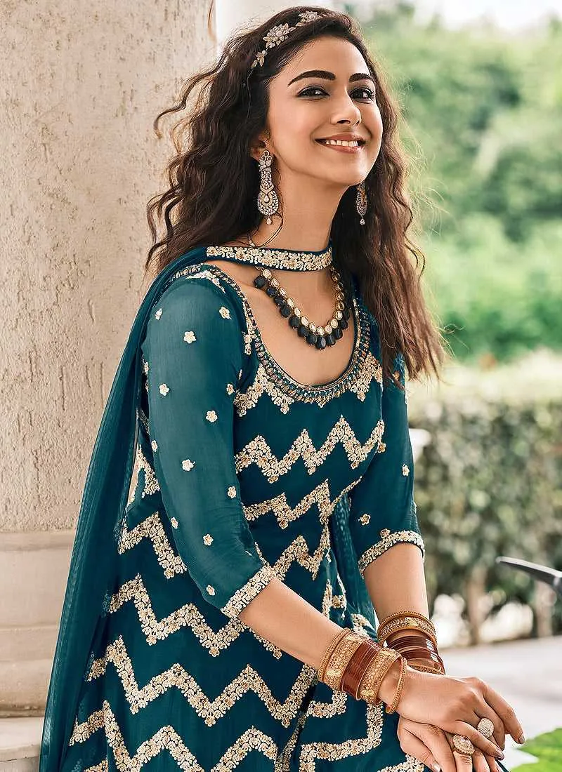 Teal Embroidered Stylish Sharara Style Suit