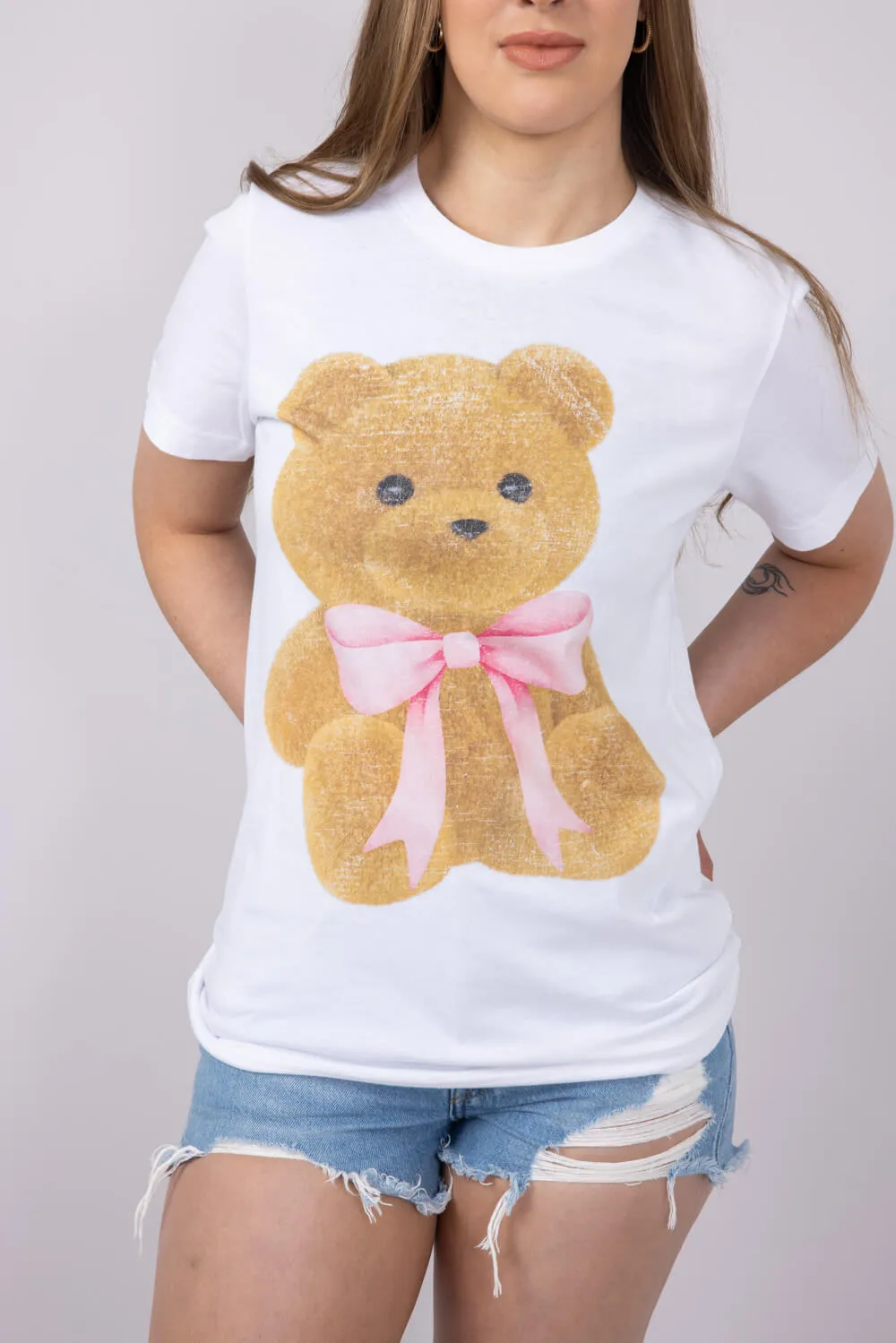 Teddy Bear Bow Graphic T-Shirt for Women in White | 32783X-TS-WHITE