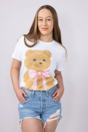 Teddy Bear Bow Graphic T-Shirt for Women in White | 32783X-TS-WHITE