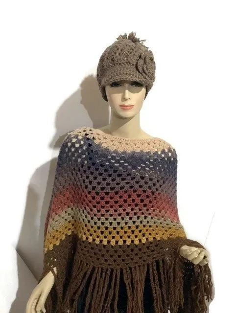 The shades of brown crochet poncho, handmade wrap, woman's size, hippie cape, andrea designs handmade ponchos, gift for her, fall wear