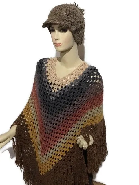 The shades of brown crochet poncho, handmade wrap, woman's size, hippie cape, andrea designs handmade ponchos, gift for her, fall wear