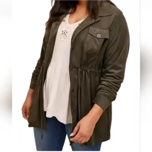 Torrid Cargo Coat Woman Plus 2X Faux Suede Green Zip Jacket Fairy Boho Coastal