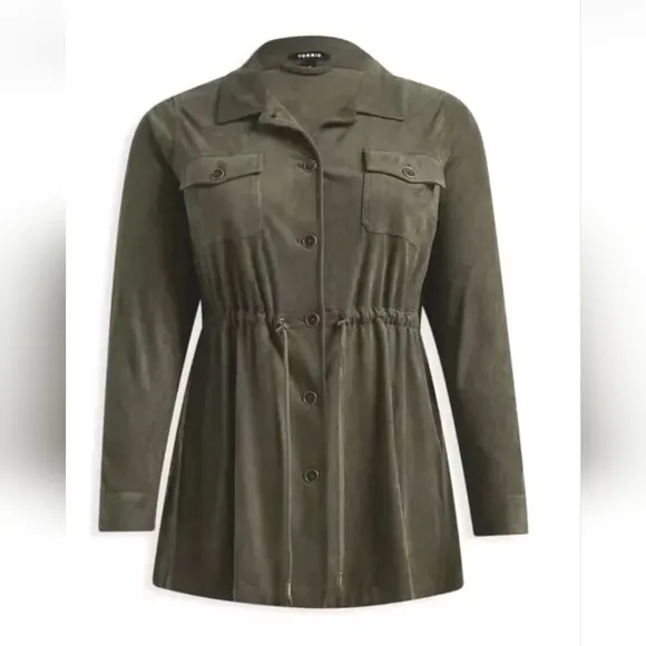 Torrid Cargo Coat Woman Plus 2X Faux Suede Green Zip Jacket Fairy Boho Coastal