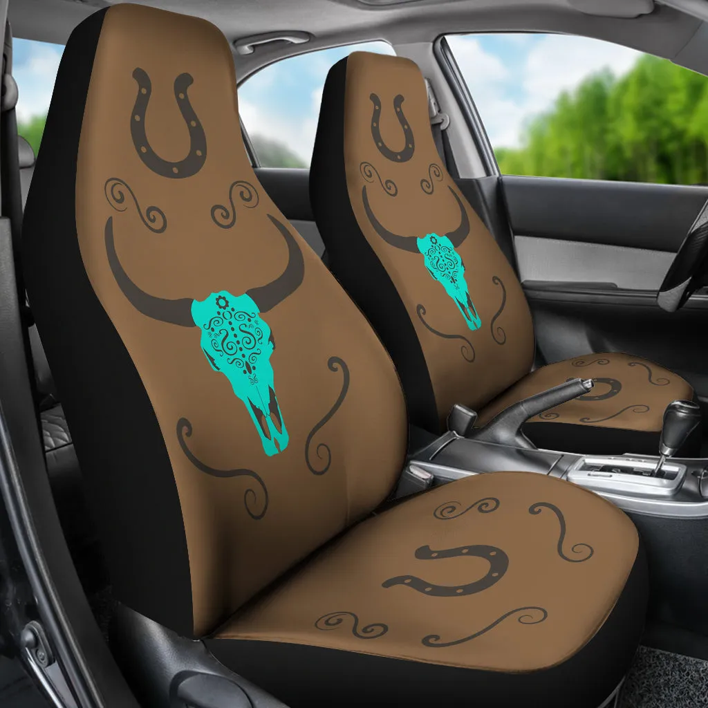Turquoise Cow Skull on Brown Faux Suede Car Seat Covers