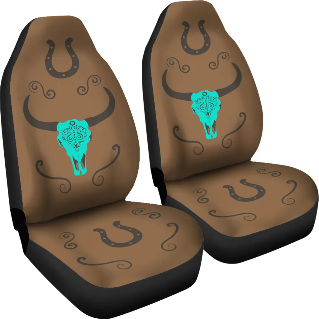 Turquoise Cow Skull on Brown Faux Suede Car Seat Covers