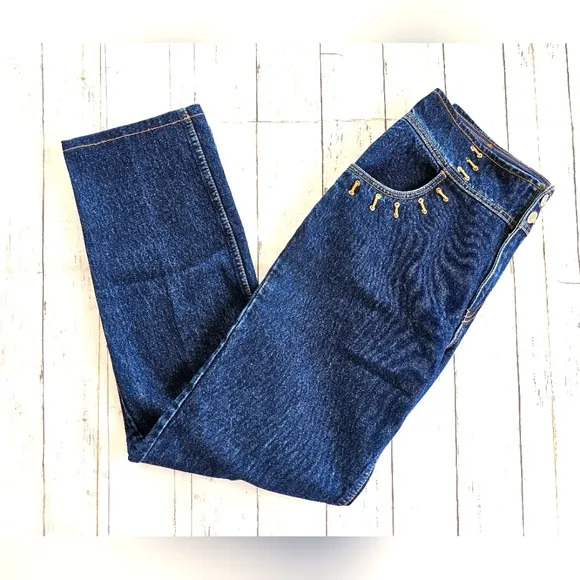 Vintage 90's RARE NEW Lawman Western Dark Denim Suede Stitch Jeans Slim Fit