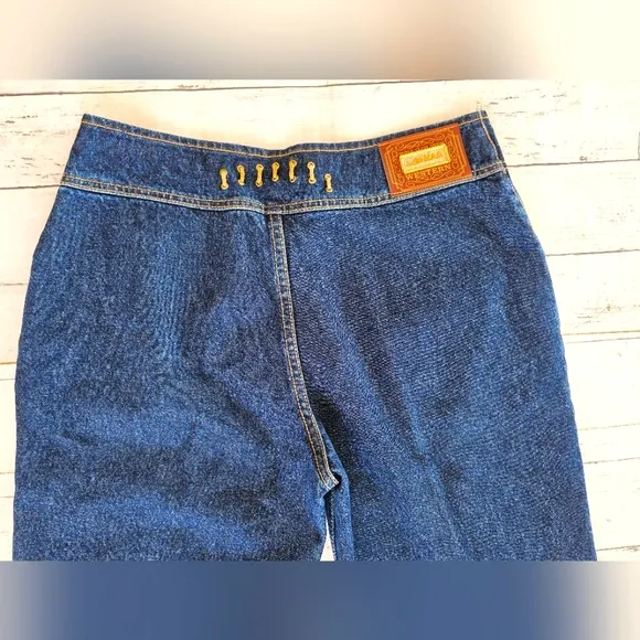 Vintage 90's RARE NEW Lawman Western Dark Denim Suede Stitch Jeans Slim Fit