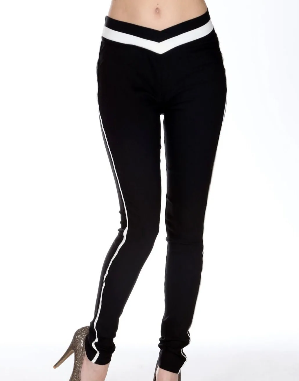 White Side Stripe Chevron Waist Leggings
